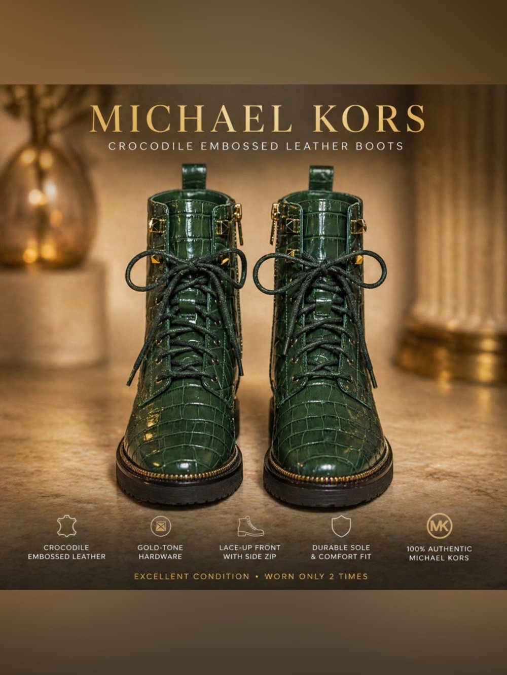 Michael Kors Green Crocodile-Embossed Leather Lace-Up Boots